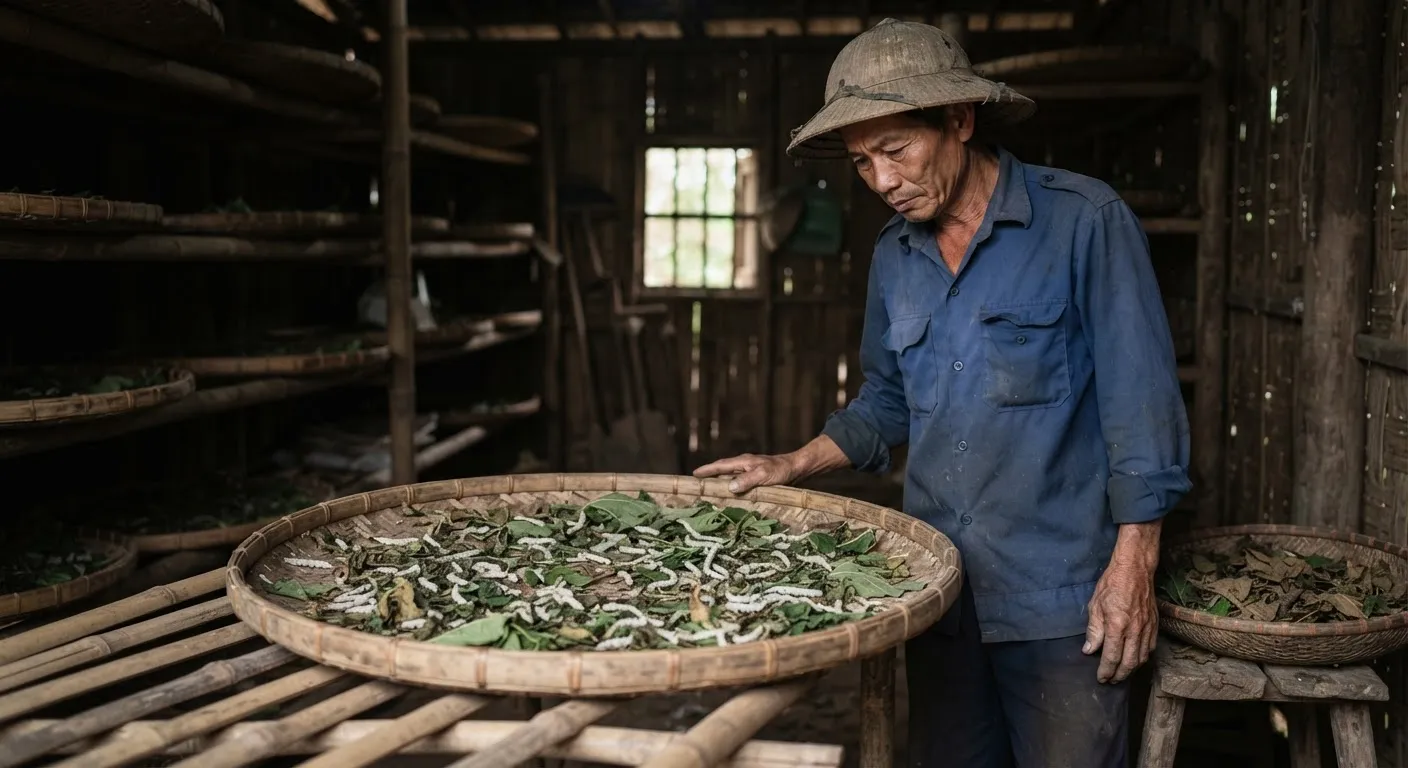 Nhiệt kế ẩm kế treo ngang mặt nong tằm trong nhà nuôi