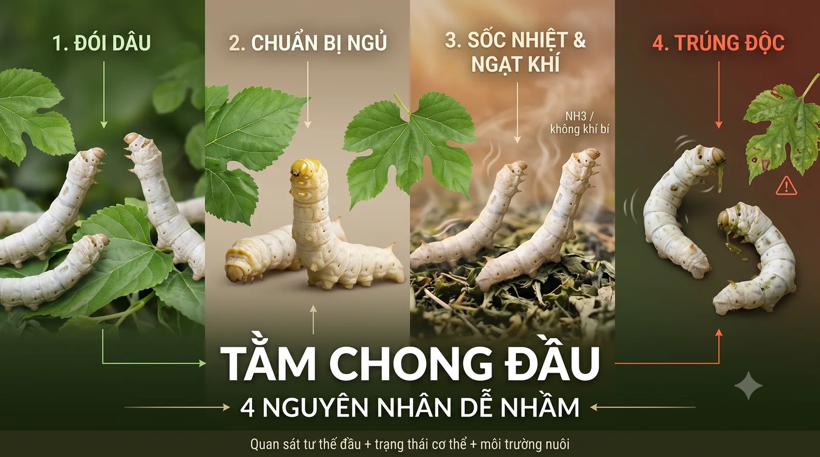 Tằm Chong Đầu, Lắc Đầu: Cách Phân Biệt Đói Dâu, Ngủ Lột Xác Và Ngộ Độc